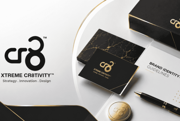 Brand identity design services visual featuring Xtreme Cr8tivity branding with premium black, white, and gold design