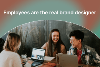 A gradient-like graphic content that shows the image of a group of employees working in good spirit on thesame desk