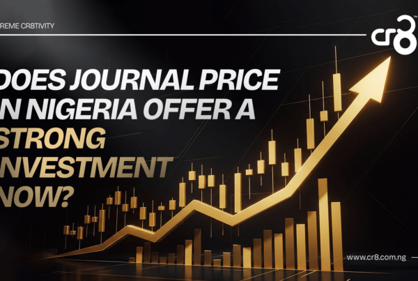 Journal price in nigeria investment chart with rising candlestick graph and upward arrow showing market growth potential.